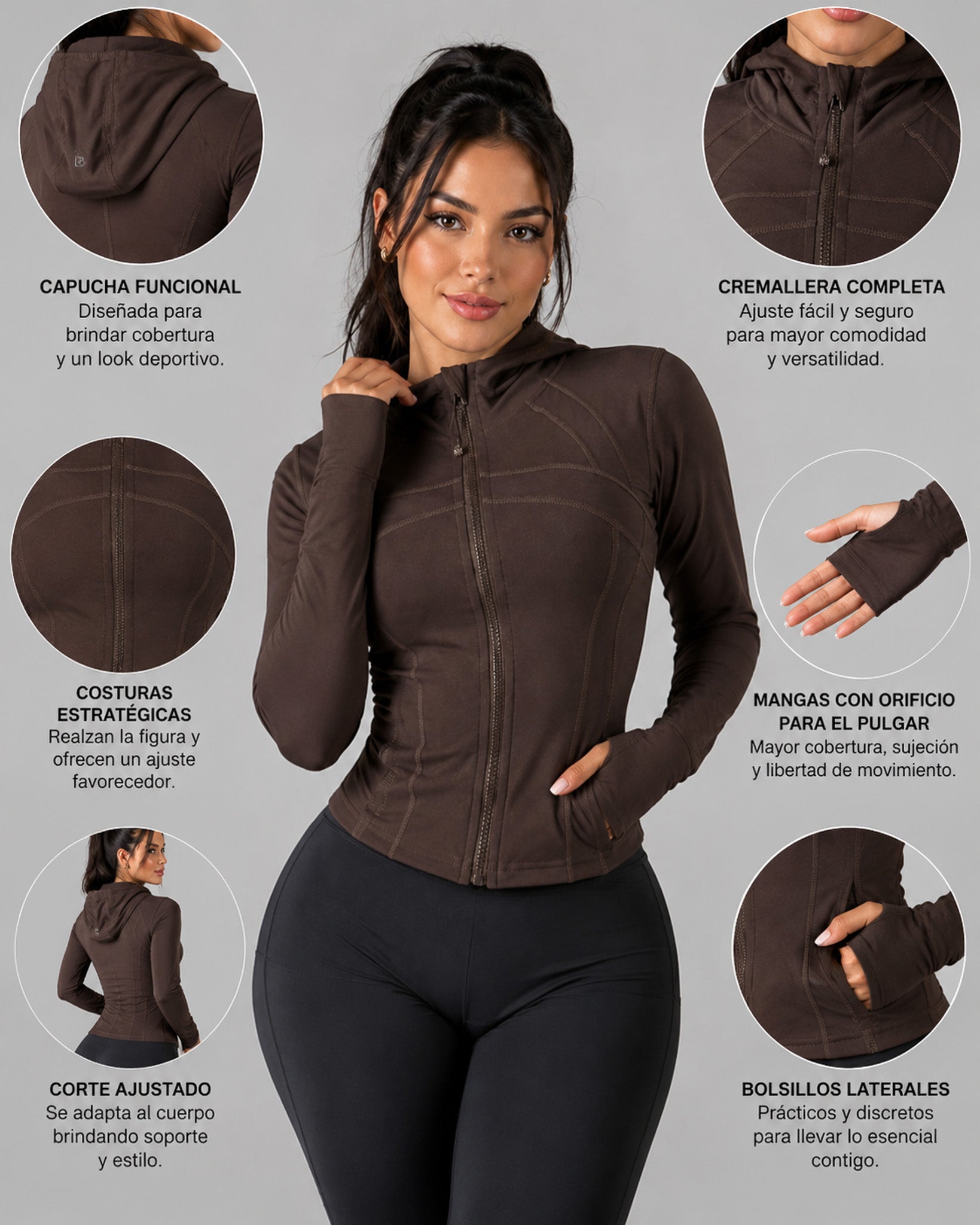 Chaqueta Slim Fit Mujer Deportiva Gorro Cierre y Pasadedo - LQ1018