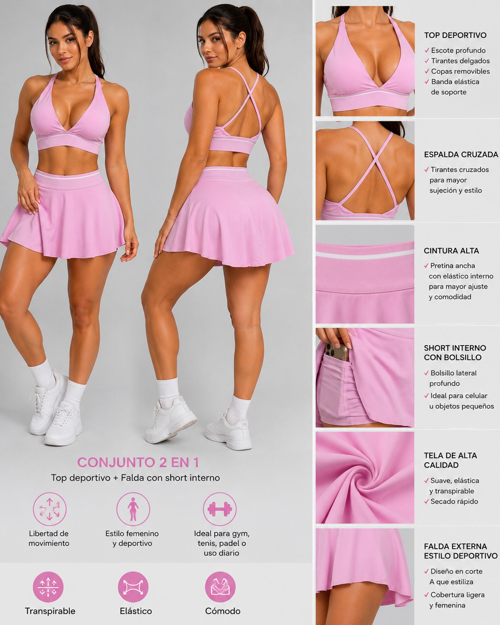 Conjunto Deportivo Falda Corta Con Short Y Top Tenis Gym - JYT057