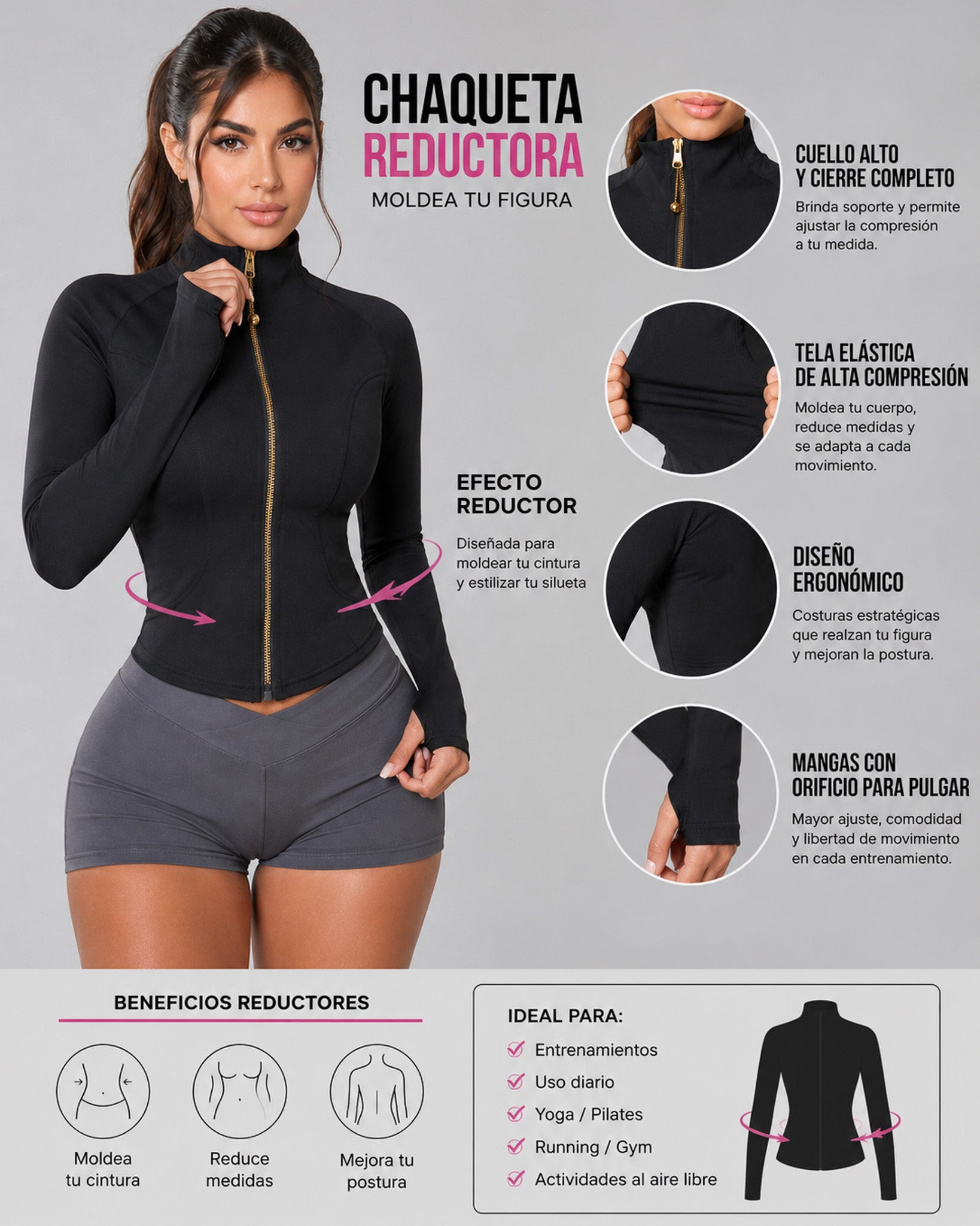 Chaqueta Corta Deportiva Entallada Mujer Cierre Dorado - LQ1016