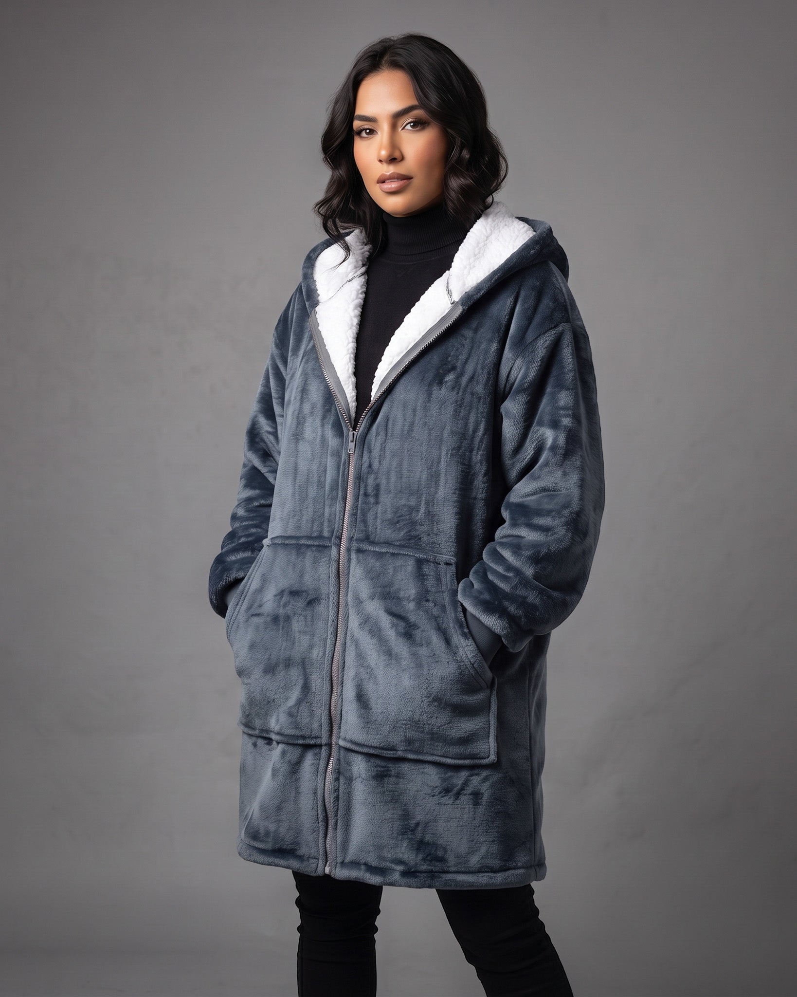 Maxi Poleron Manta Sherpa con Capucha y Cierre Oversize - MPS01