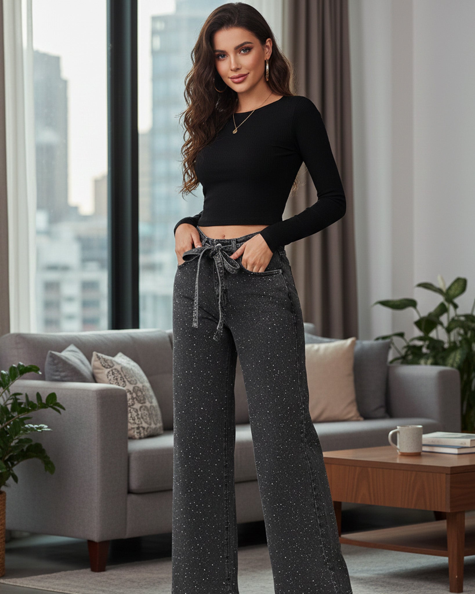 Pantalon Wide Leg Tiro Alto De Mezclilla con Brillos - OZ3123