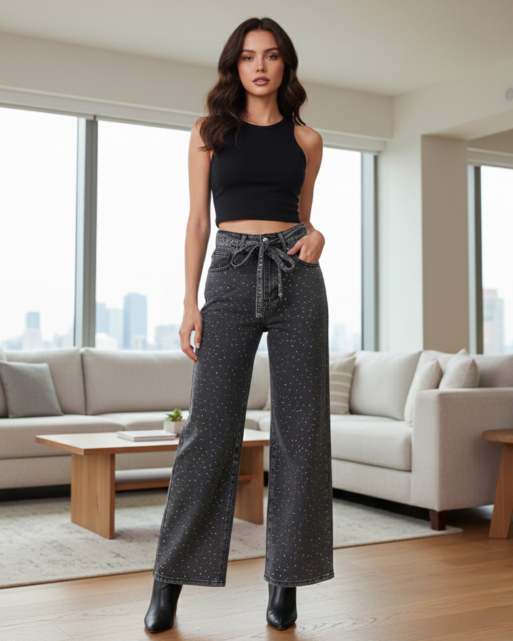 Pantalon Wide Leg Tiro Alto De Mezclilla con Brillos - OZ3123