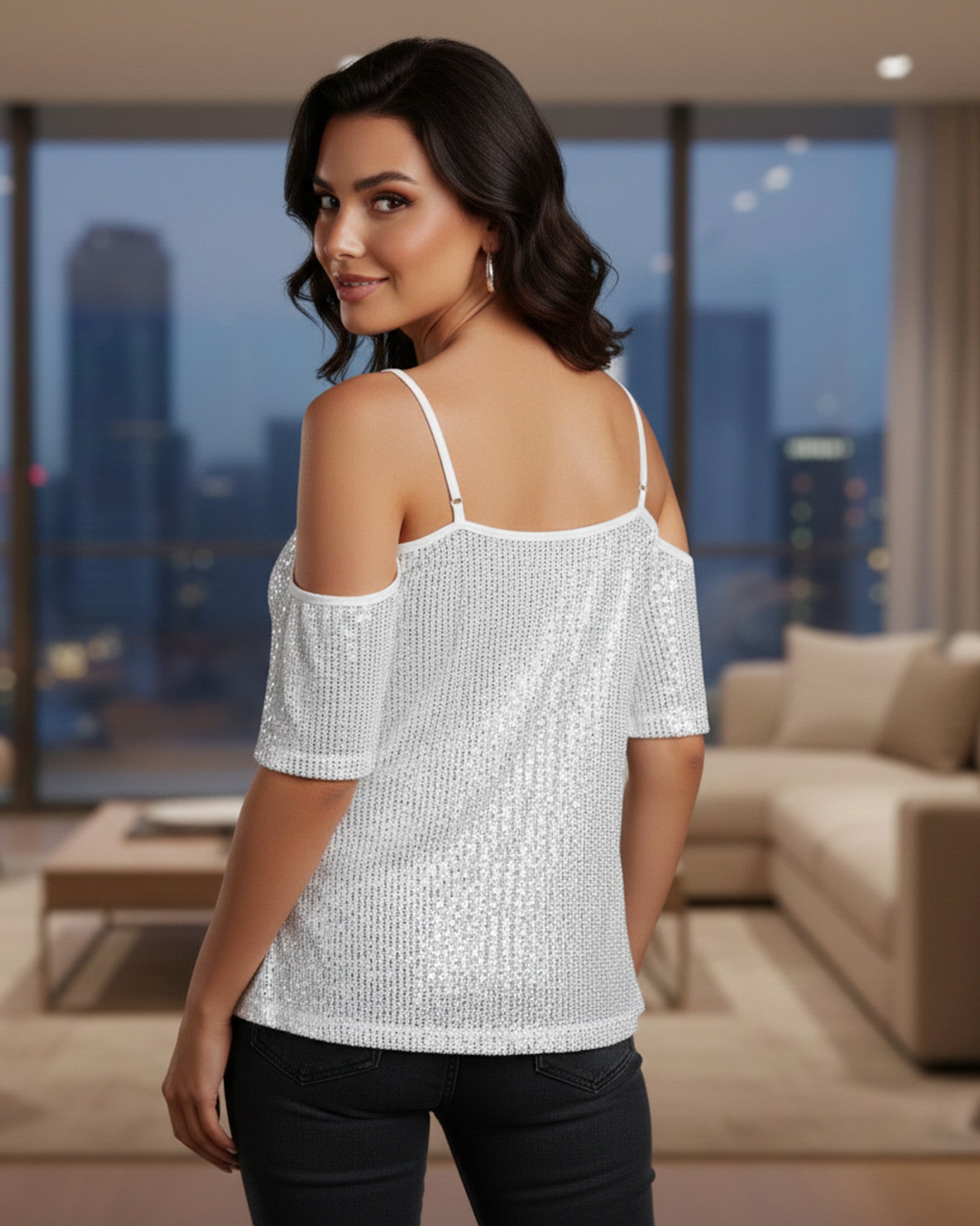 Blusa de Mangas Caidas Mujer con Lentejuelas Brillosas - HG25123