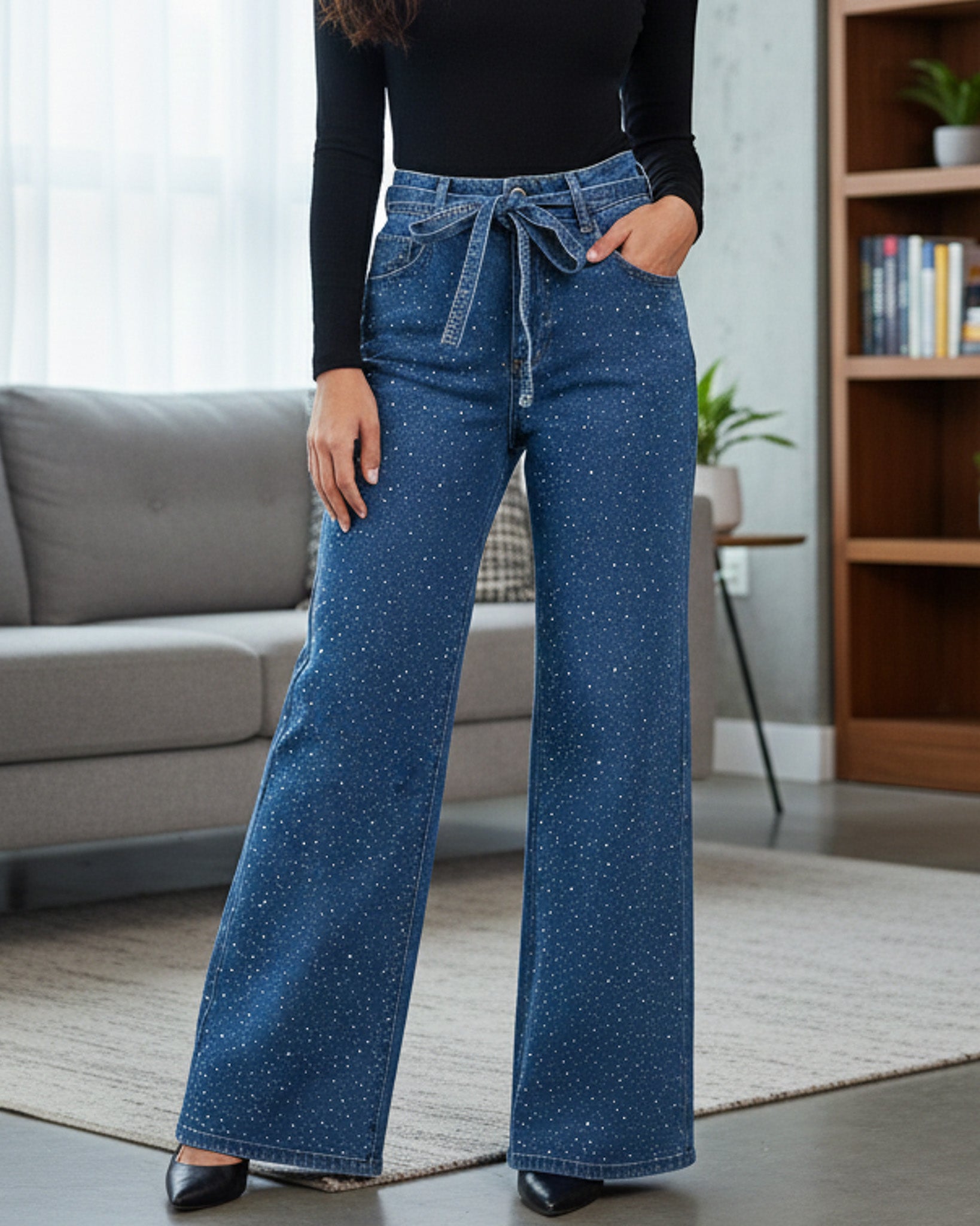 Pantalon Wide Leg Tiro Alto De Mezclilla con Brillos - OZ3123