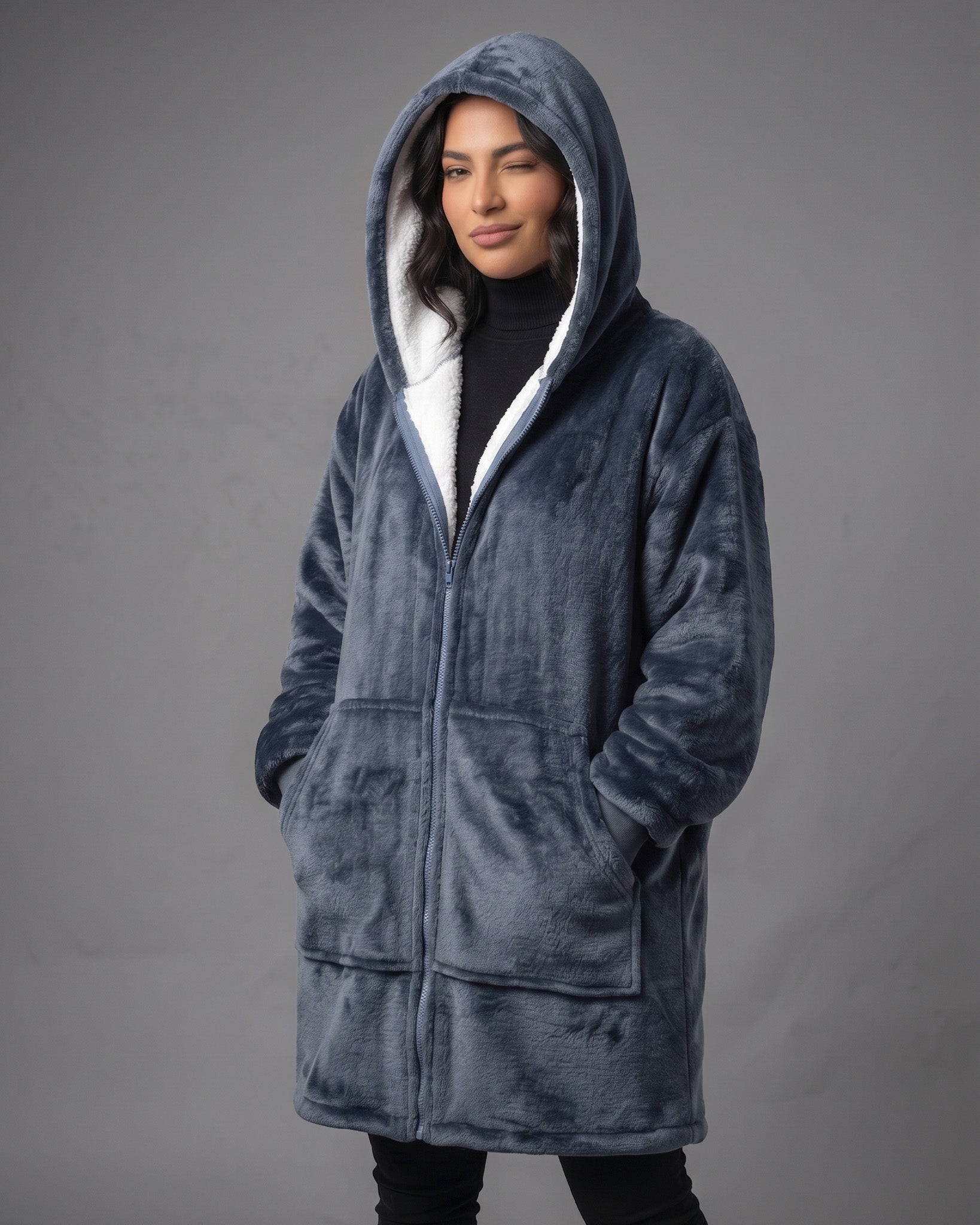 Maxi Poleron Manta Sherpa con Capucha y Cierre Oversize - MPS01