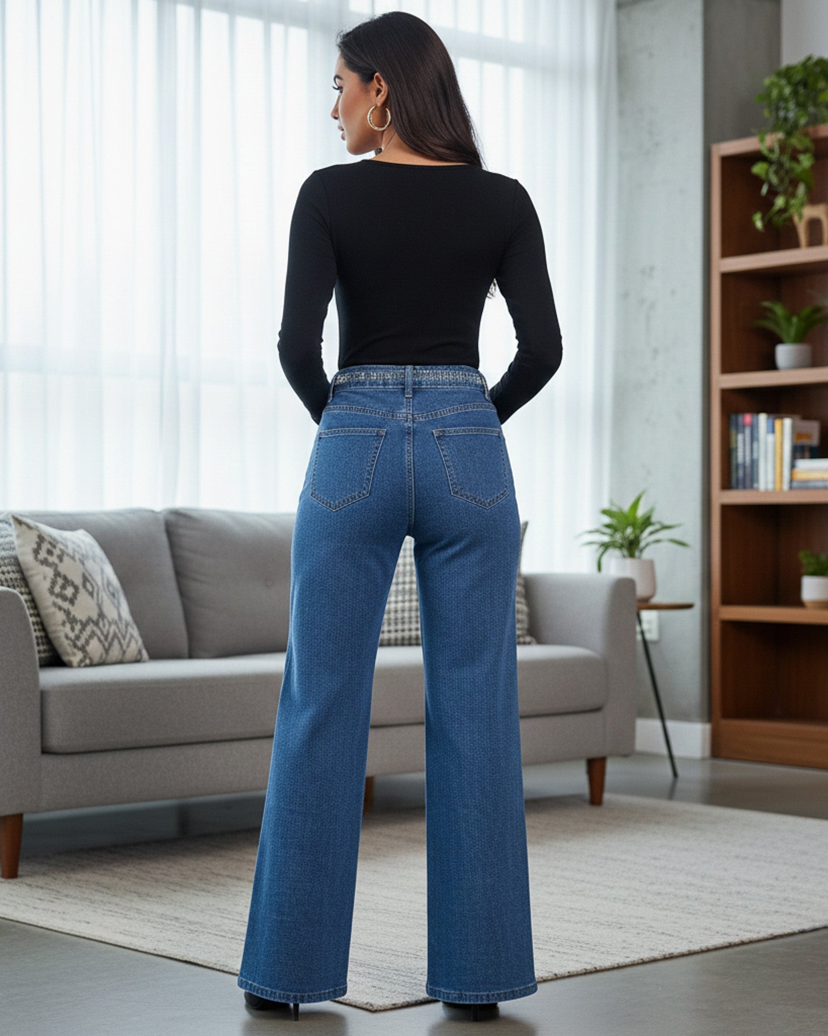 Pantalon Wide Leg Tiro Alto De Mezclilla con Brillos - OZ3123