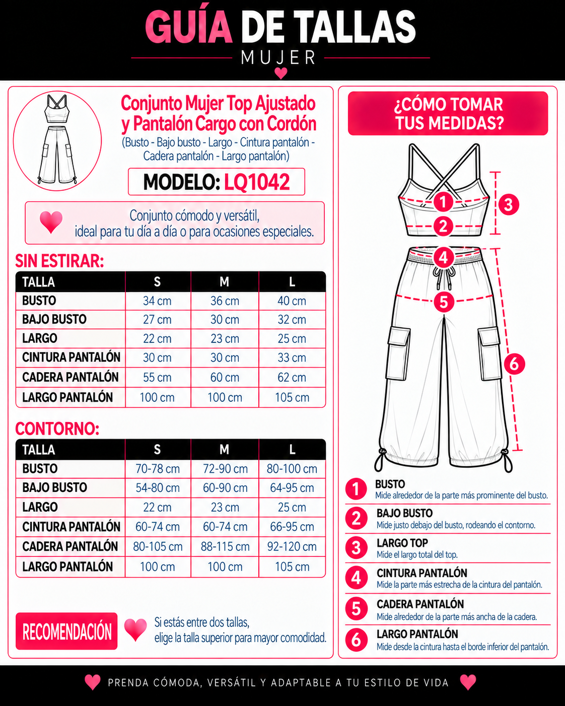 Conjunto Mujer Top Ajustado y Pantalón Cargo con Cordón - LQ1042