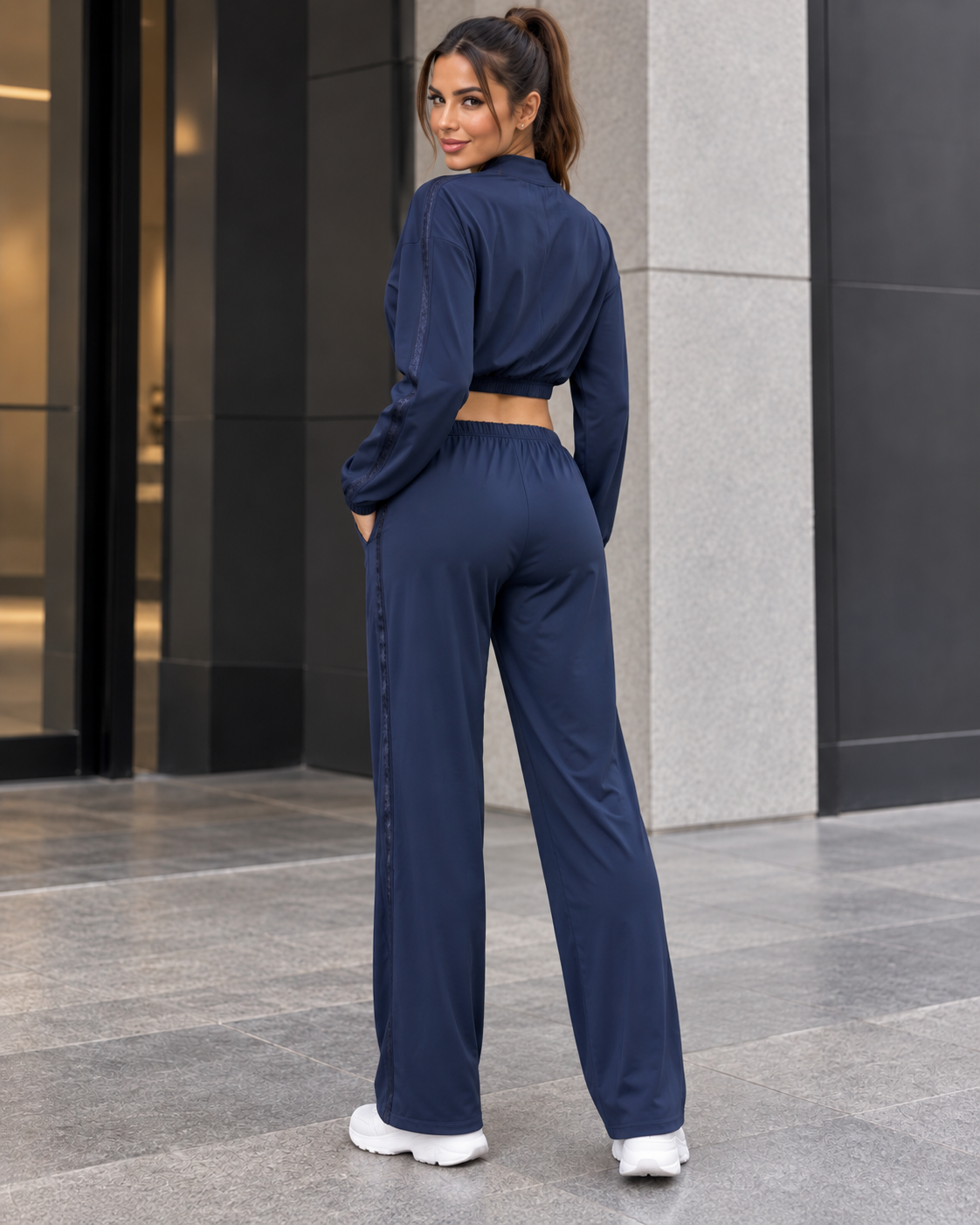 Conjunto Deportivo Mujer Palazzo con Bolsillos Chaqueta Crop - LQ1012