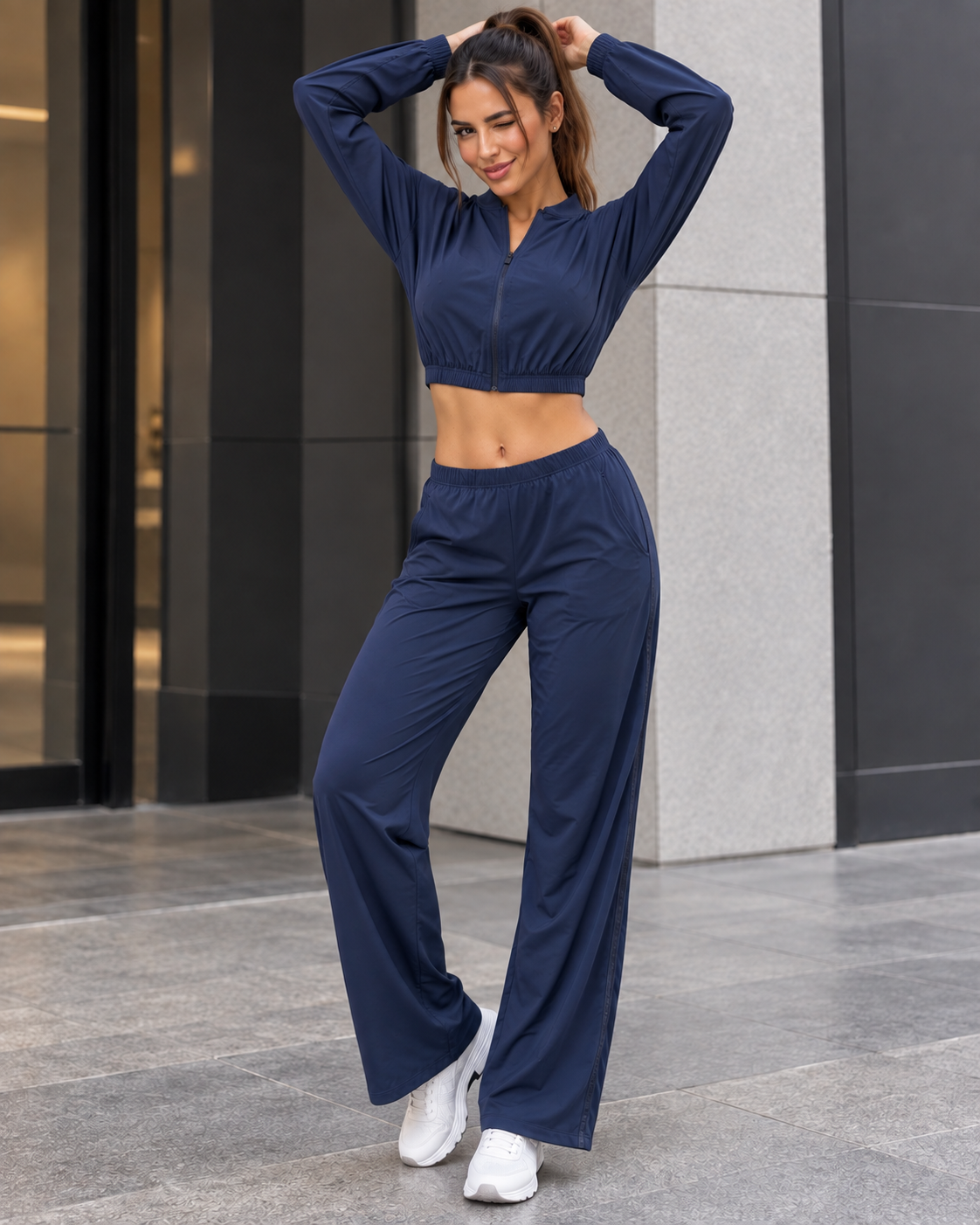 Conjunto Deportivo Mujer Palazzo con Bolsillos Chaqueta Crop - LQ1012