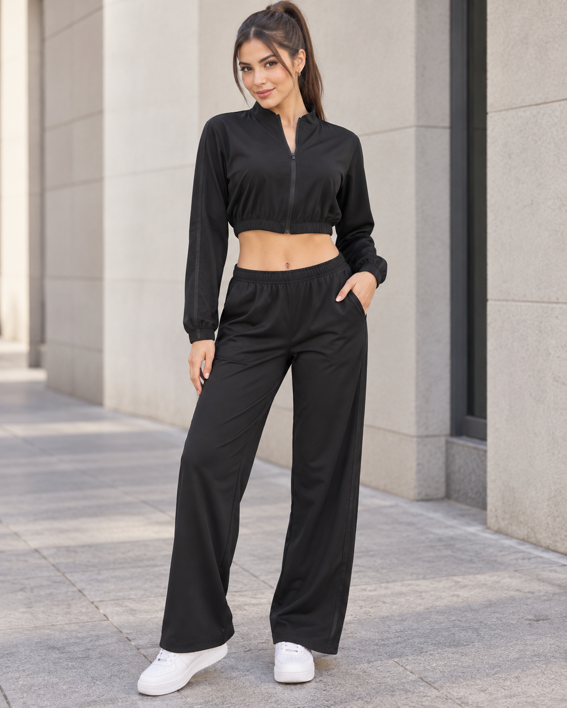 Conjunto Deportivo Mujer Palazzo con Bolsillos Chaqueta Crop - LQ1012