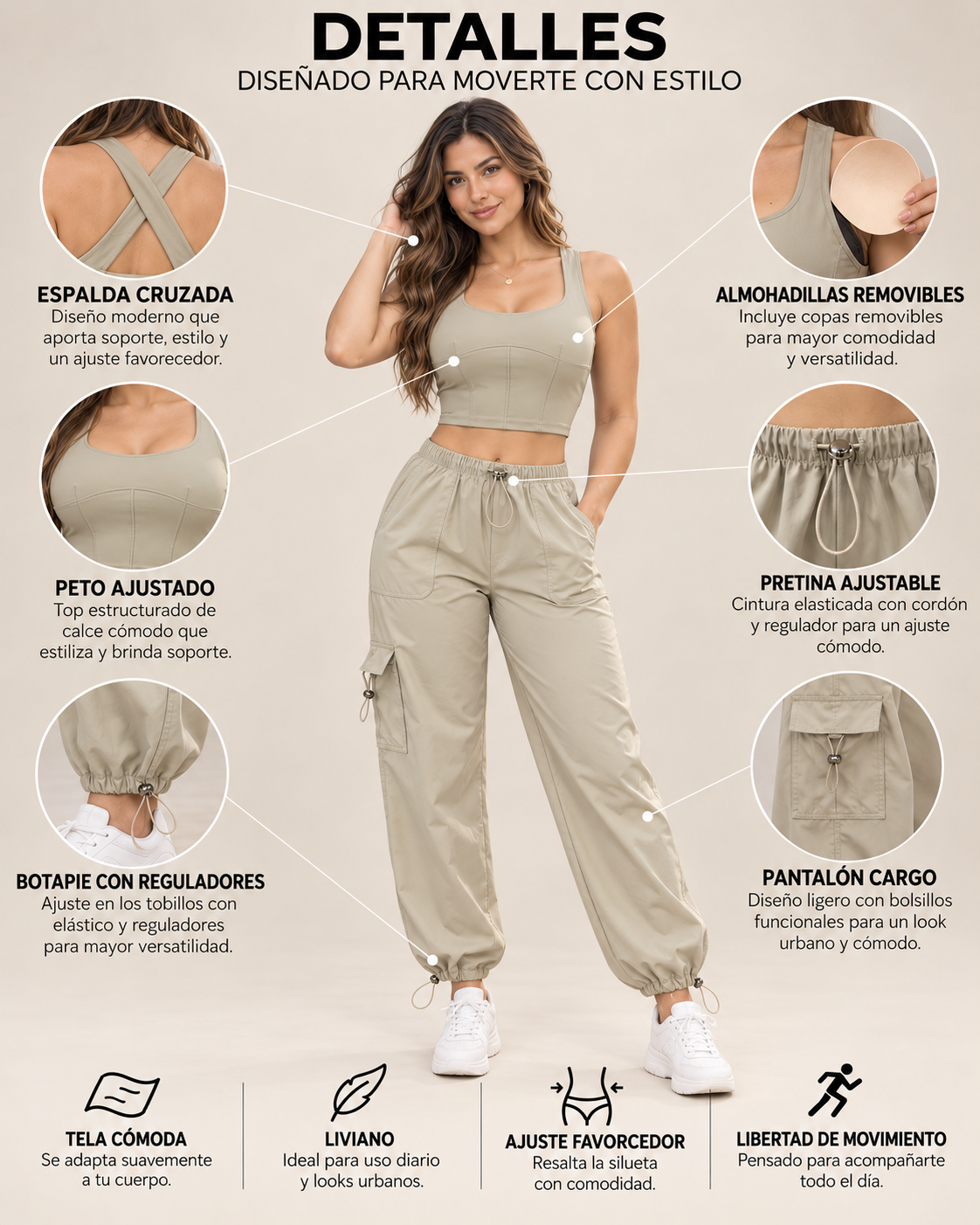 Conjunto Mujer Top Ajustado y Pantalón Cargo con Cordón - LQ1042