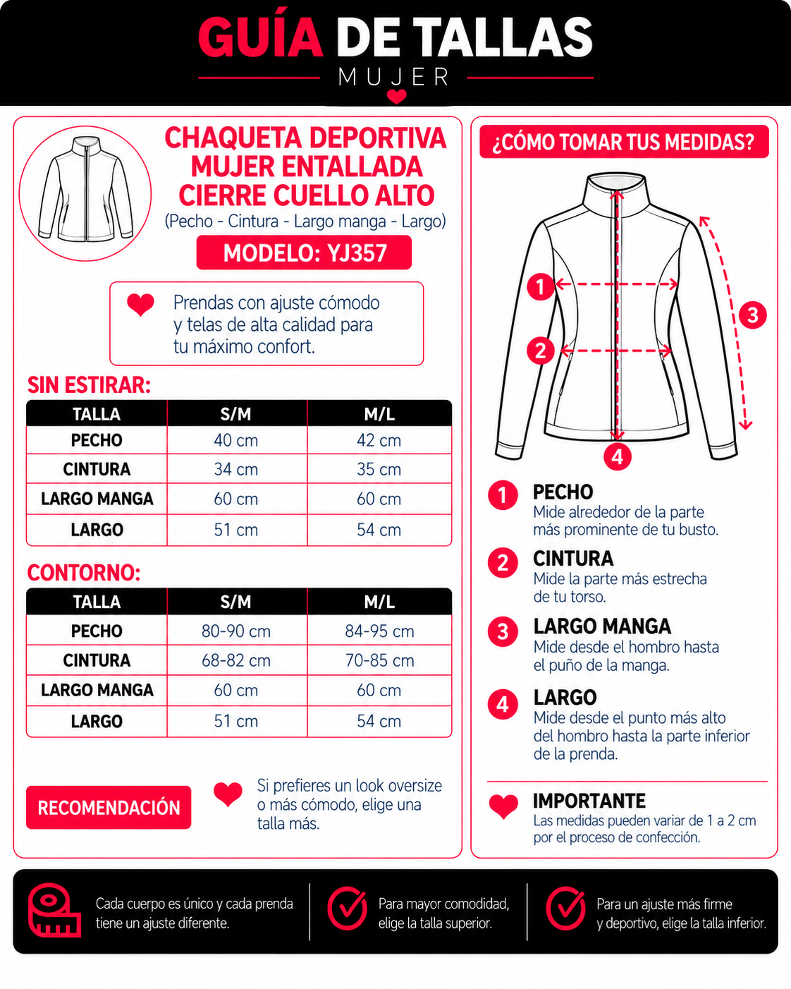 Chaqueta Deportiva Mujer Entallada Cierre Cuello Alto - YJ357
