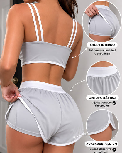 Conjunto Deportivo Mujer Gym Retro Lineas Short y Peto Top