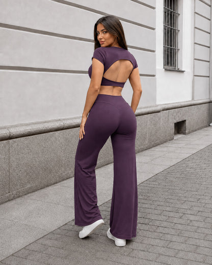 Set Deportivo Crop Top Espalda Abierta y Pantalon Palazzo - FX15