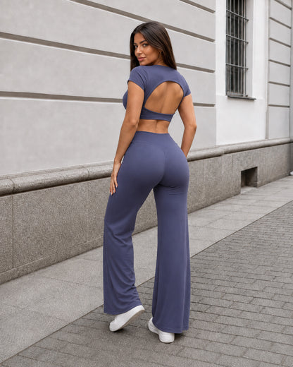 Set Deportivo Crop Top Espalda Abierta y Pantalon Palazzo - FX15