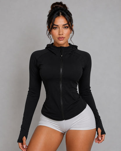 Chaqueta Gym Mujer Fit Con Gorro Y Cierre Lycra Yoga - LQ1017