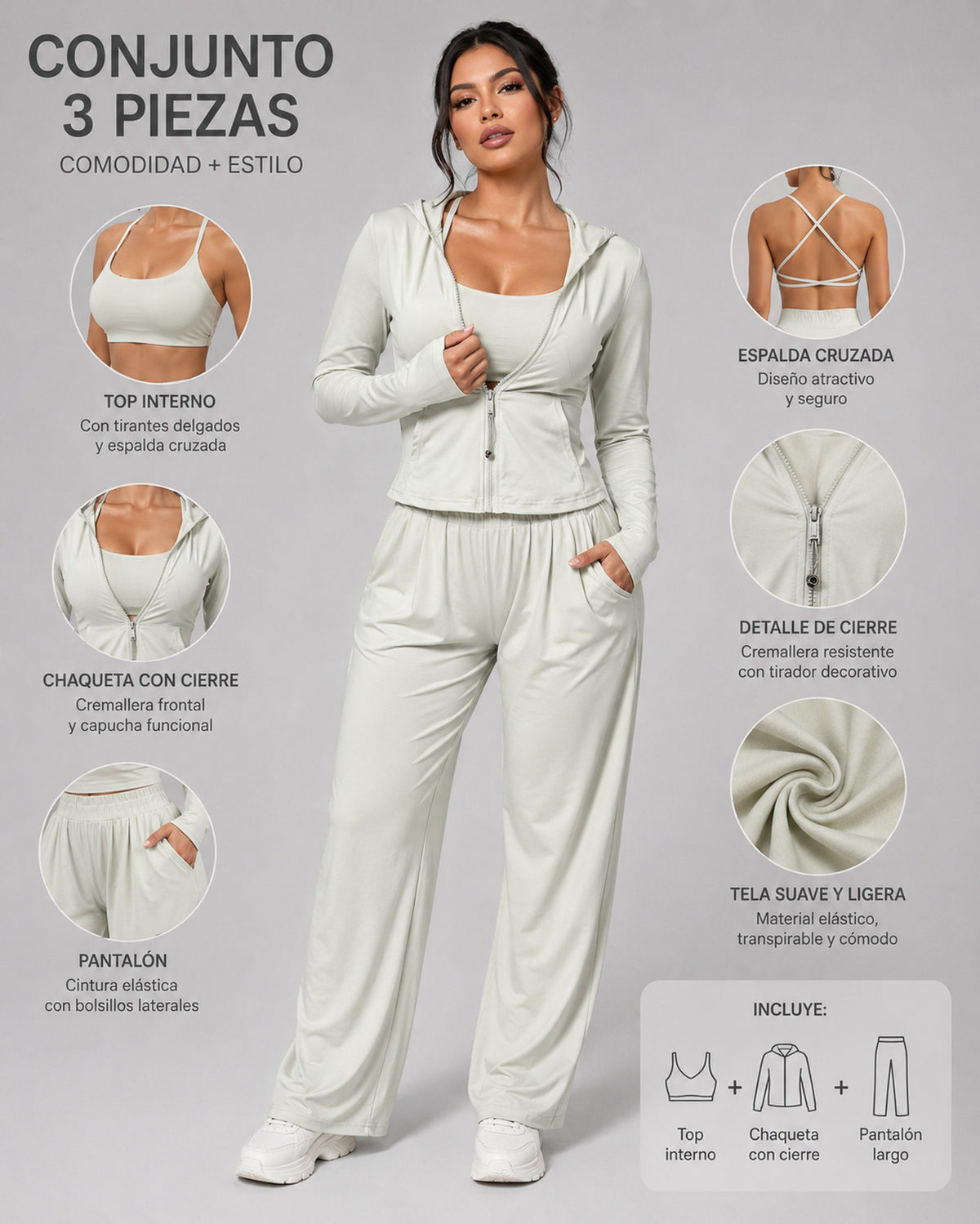 Set Deportivo 3 Pzs Mujer Peto + Chaqueta + Palazzo Bolsillo - LQ1013