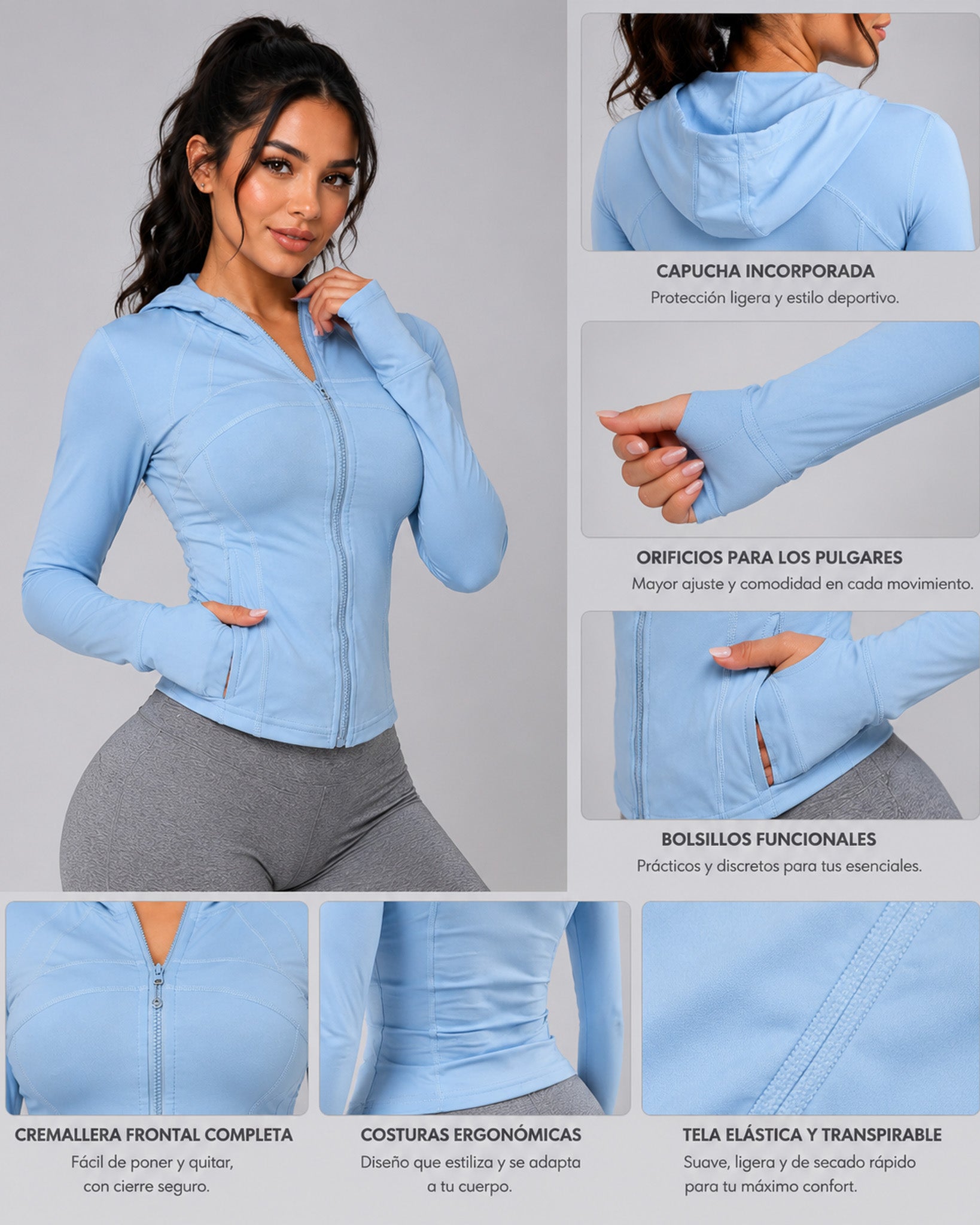 Chaqueta Slim Fit Mujer Deportiva Gorro Cierre y Pasadedo - LQ1018