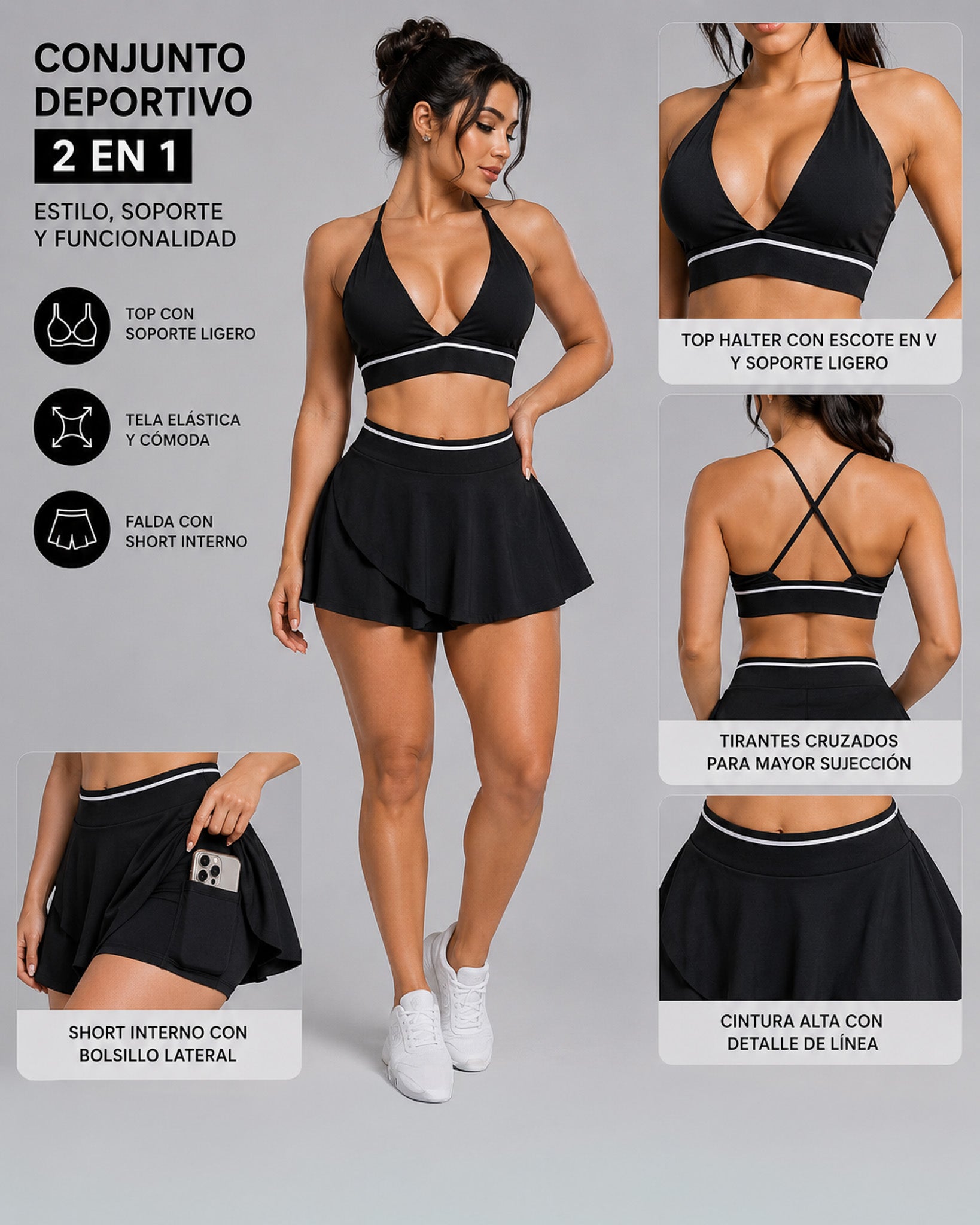 Conjunto Deportivo Falda Corta Con Short Y Top Tenis Gym - JYT057