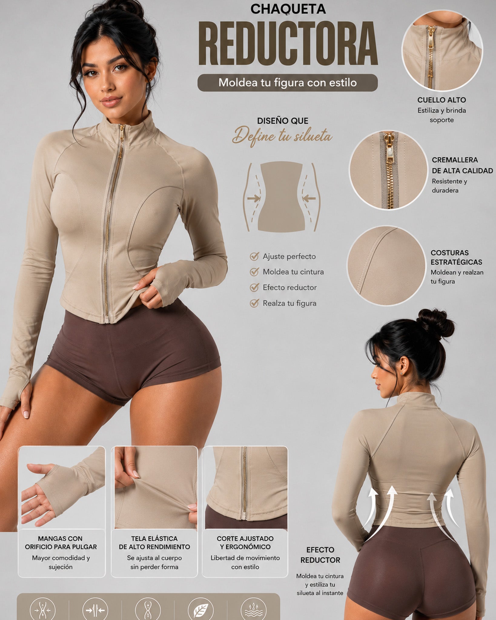 Chaqueta Corta Deportiva Entallada Mujer Cierre Dorado - LQ1016