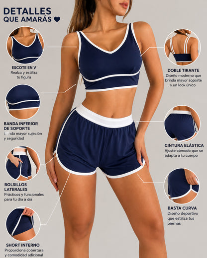 Conjunto Deportivo Mujer Gym Retro Lineas Short y Peto Top