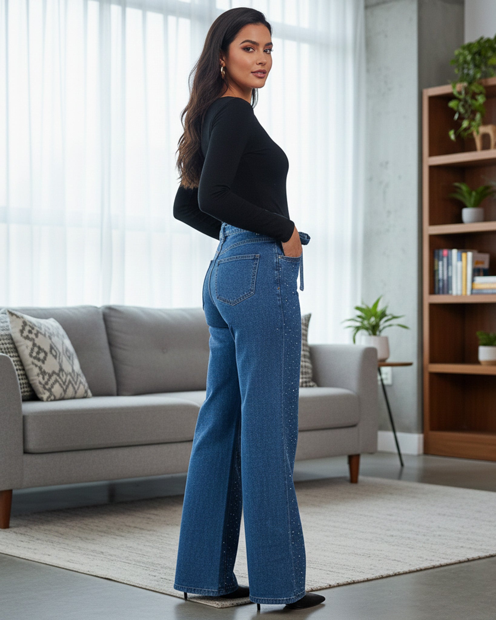 Pantalon Wide Leg Tiro Alto De Mezclilla con Brillos - OZ3123