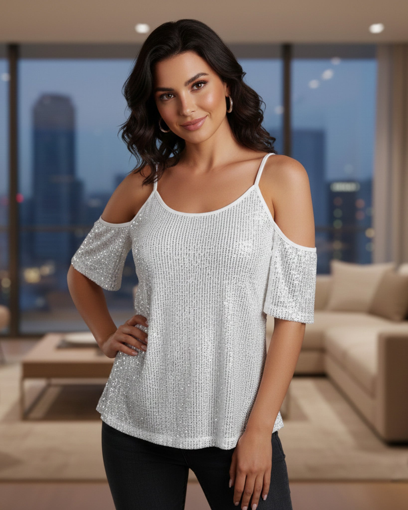 Blusa de Mangas Caidas Mujer con Lentejuelas Brillosas - HG25123