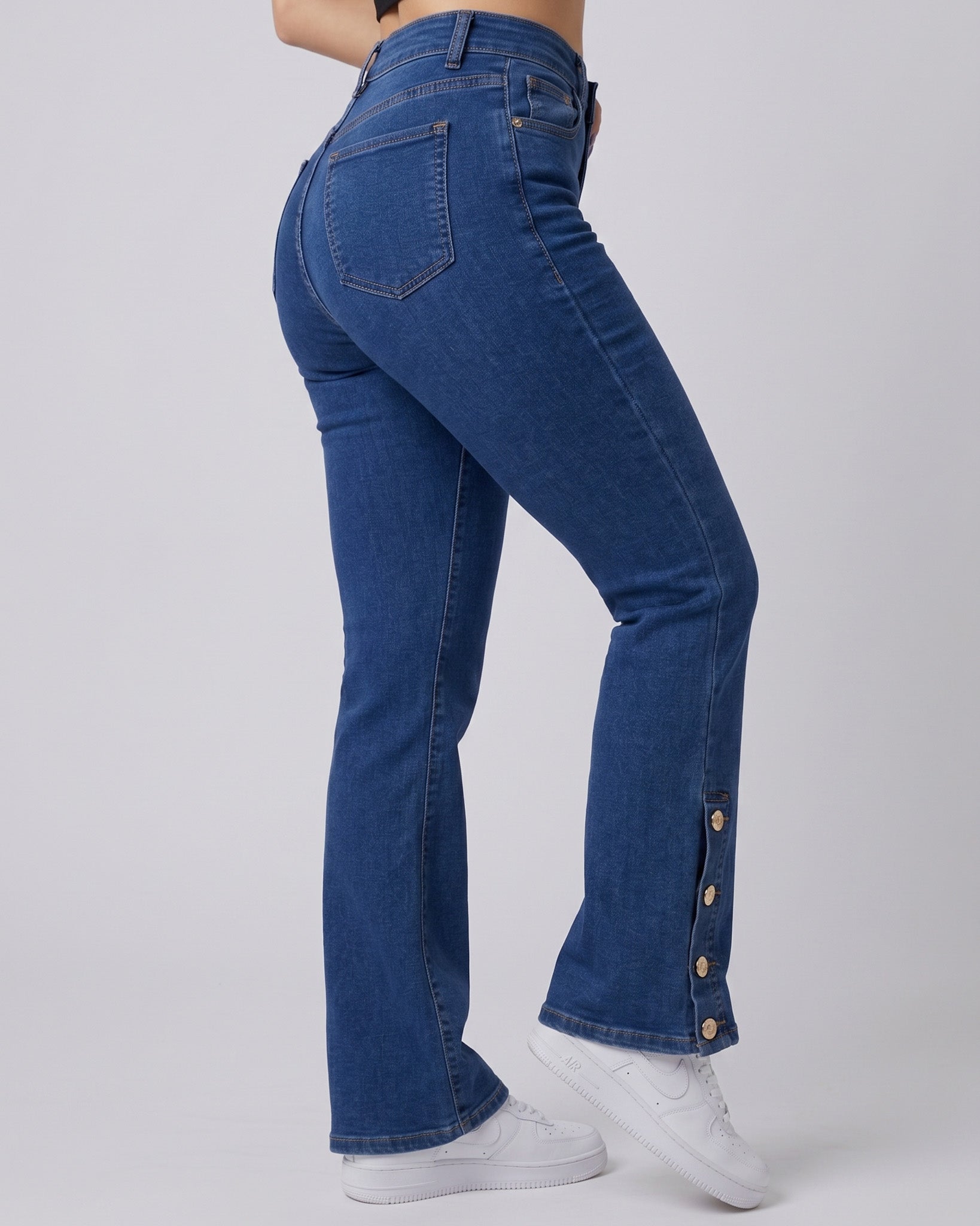 Pantalón Azul Tiro Alto Flare - Diseño con Botones en Bota - 8227B