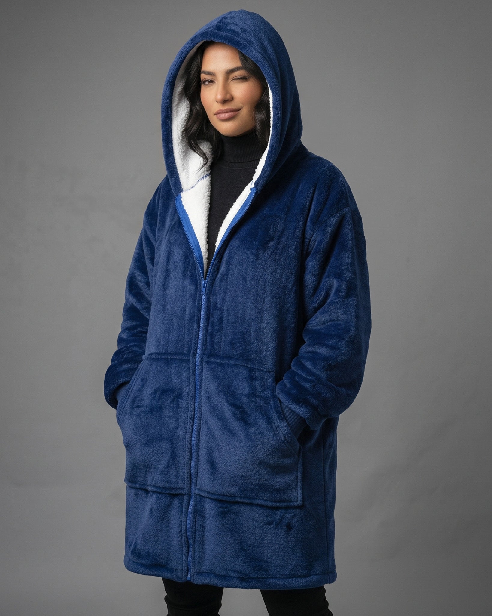 Maxi Poleron Manta Sherpa con Capucha y Cierre Oversize - MPS01