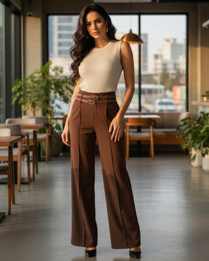 Pantalon Palazzo De Vestir Con Dos Cinturones Tiro Alto