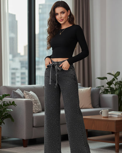 Pantalon Wide Leg Tiro Alto De Mezclilla con Brillos - OZ3123
