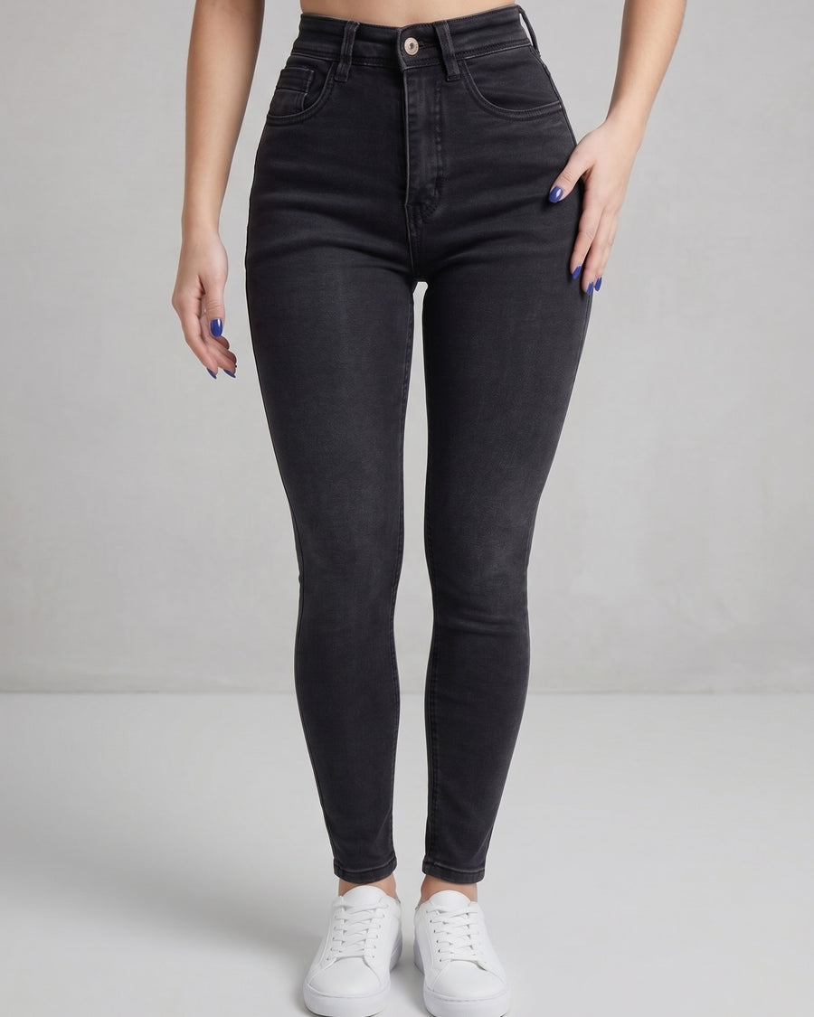 Pantalón Pitillo Negro Prelavado - Tiro Alto Fit Stretch - IMP5533