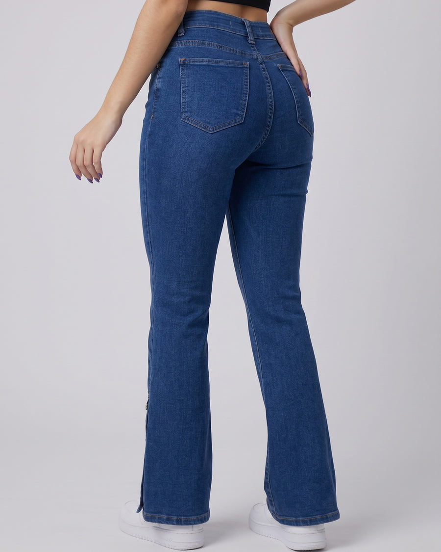 Pantalón Azul Tiro Alto Flare - Diseño con Botones en Bota - 8227B