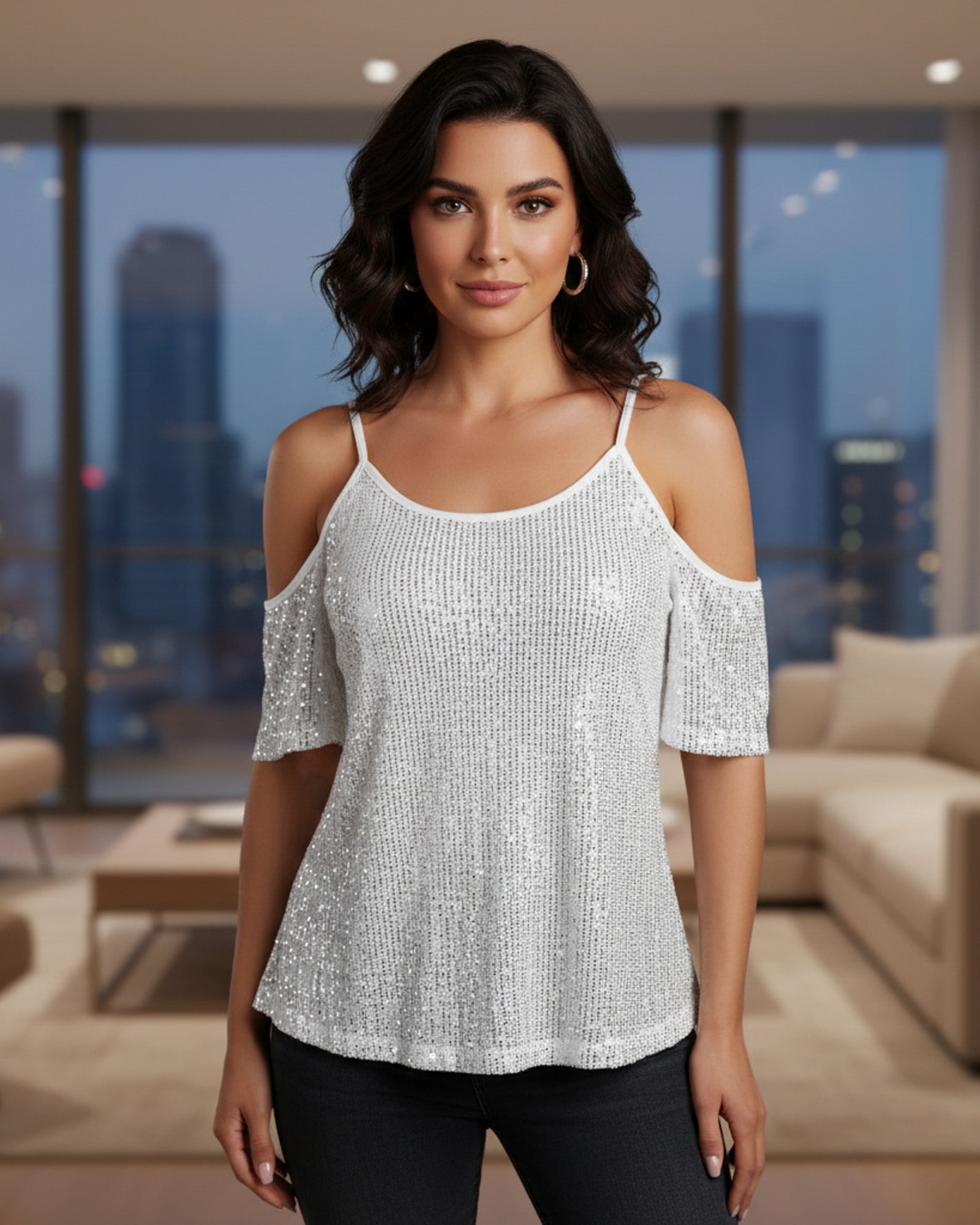 Blusa de Mangas Caidas Mujer con Lentejuelas Brillosas - HG25123