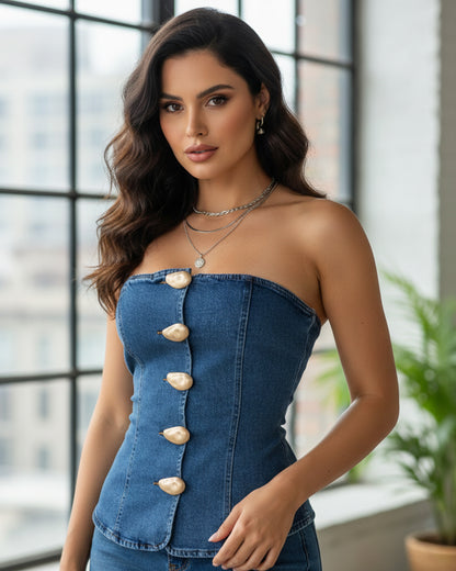 Corset Moldeadora de Mezclilla con Botones Dorados