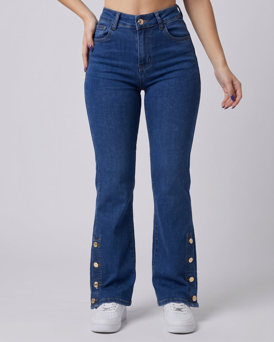 Pantalón Azul Tiro Alto Flare - Diseño con Botones en Bota - 8227B