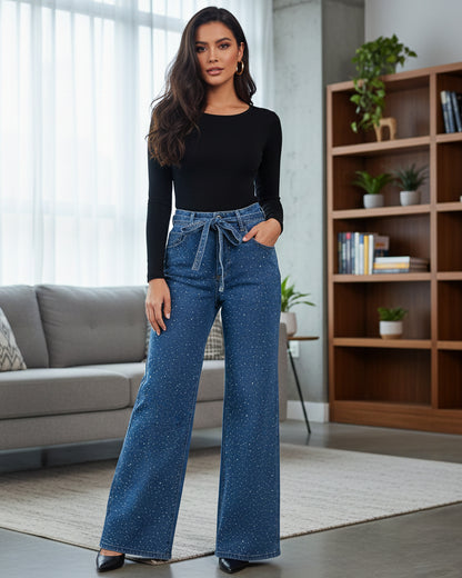Pantalon Wide Leg Tiro Alto De Mezclilla con Brillos - OZ3123