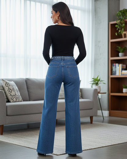 Pantalon Wide Leg Tiro Alto De Mezclilla con Brillos - OZ3123