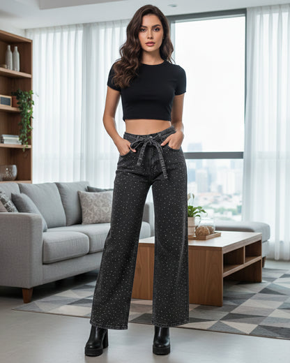 Pantalon Wide Leg Tiro Alto De Mezclilla con Brillos - OZ3123