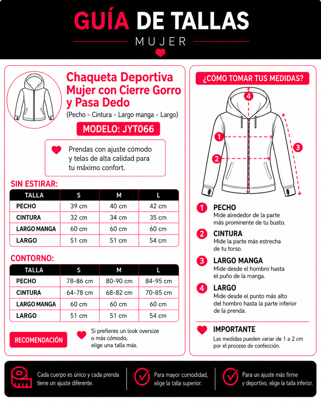 Chaqueta Deportiva Mujer con Cierre Gorro y Pasa Dedo - JYT066