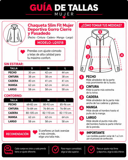 Chaqueta Slim Fit Mujer Deportiva Gorro Cierre y Pasadedo - LQ1018