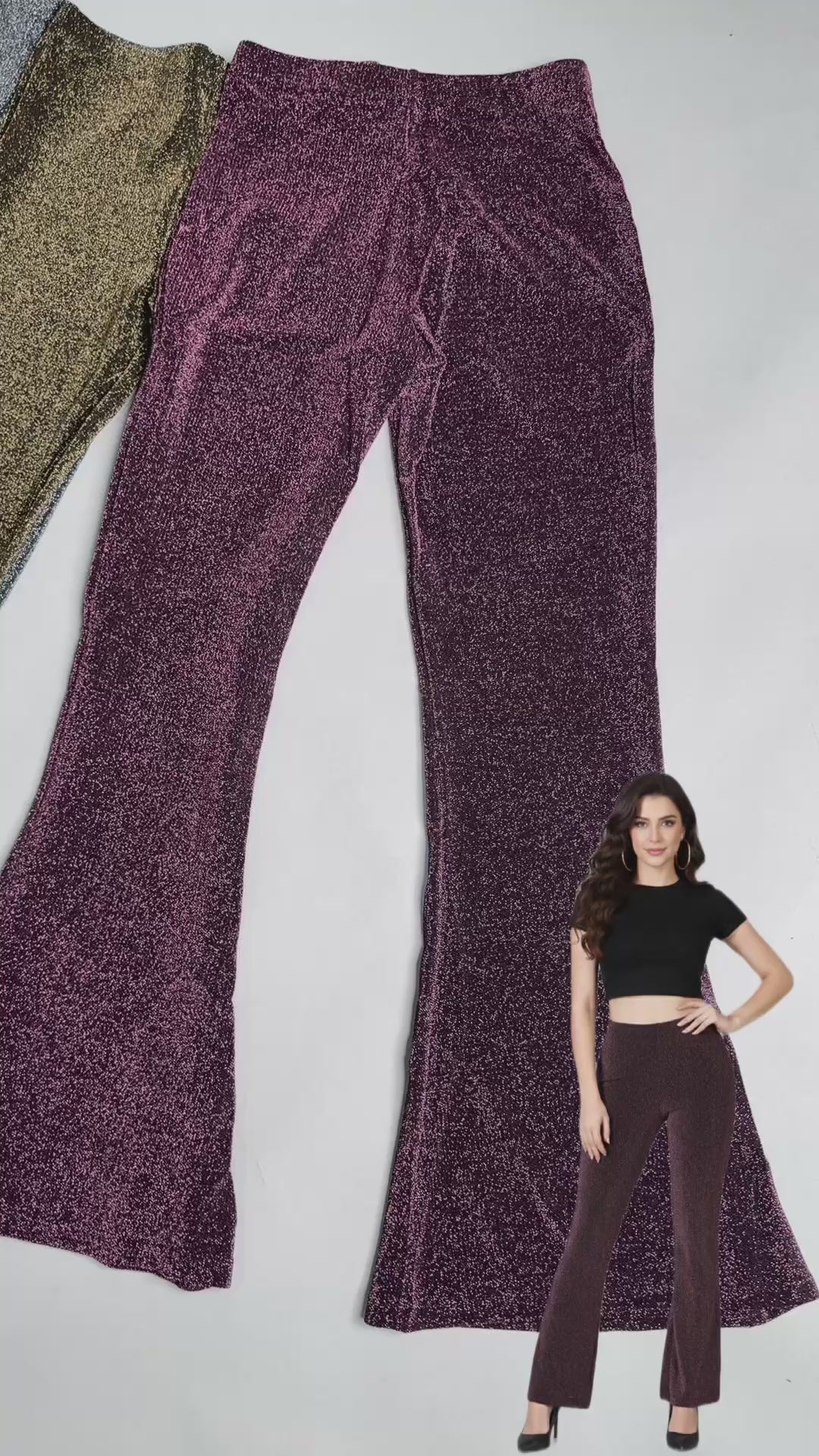 Cargar video: Pantalon Palazzo Elasticado y Brilloso Tendencia Biribum - TJ13037