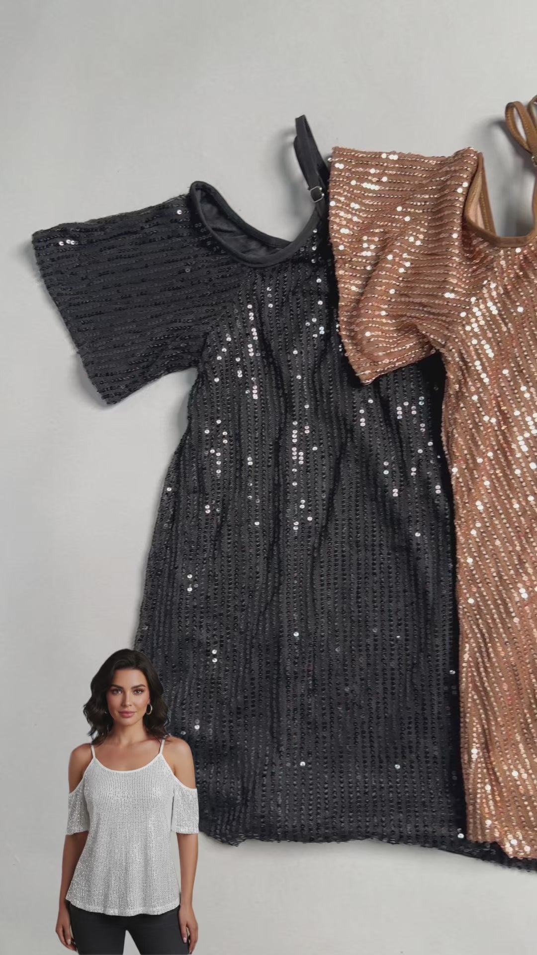 Blusa de Mangas Caidas Mujer con Lentejuelas Brillosas - HG25123