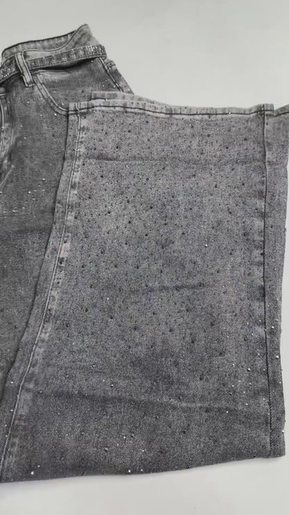 Pantalon Wide Leg Tiro Alto De Mezclilla con Brillos - OZ3123