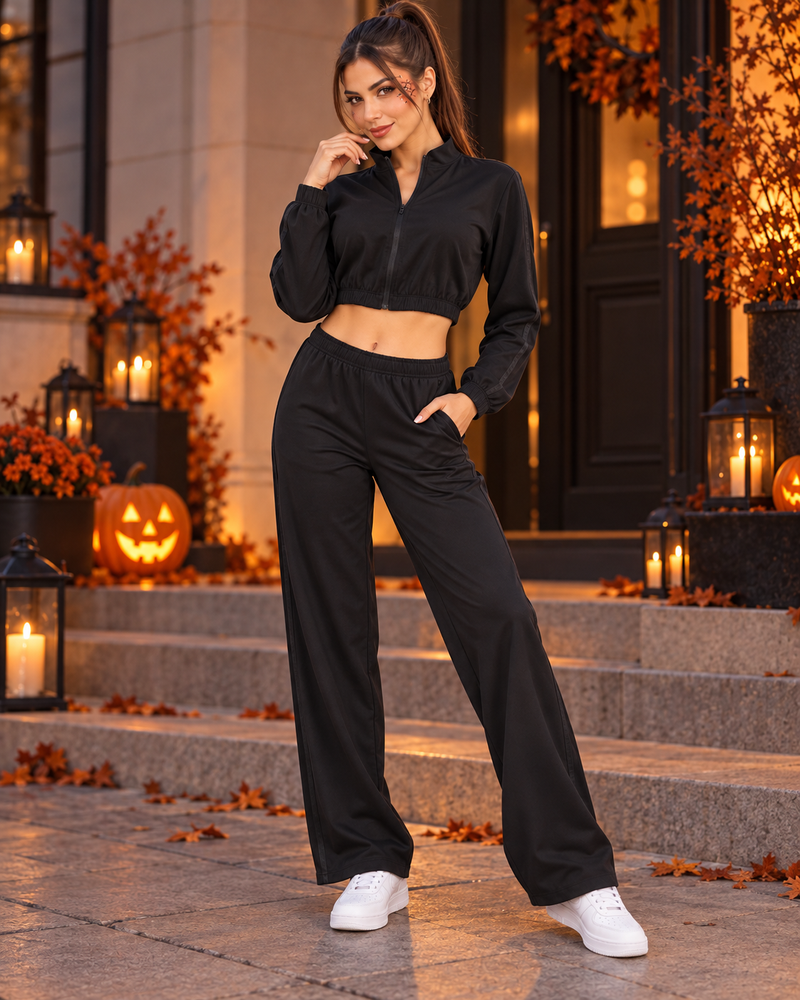 Conjunto Deportivo Mujer Palazzo con Bolsillos Chaqueta Crop - LQ1012