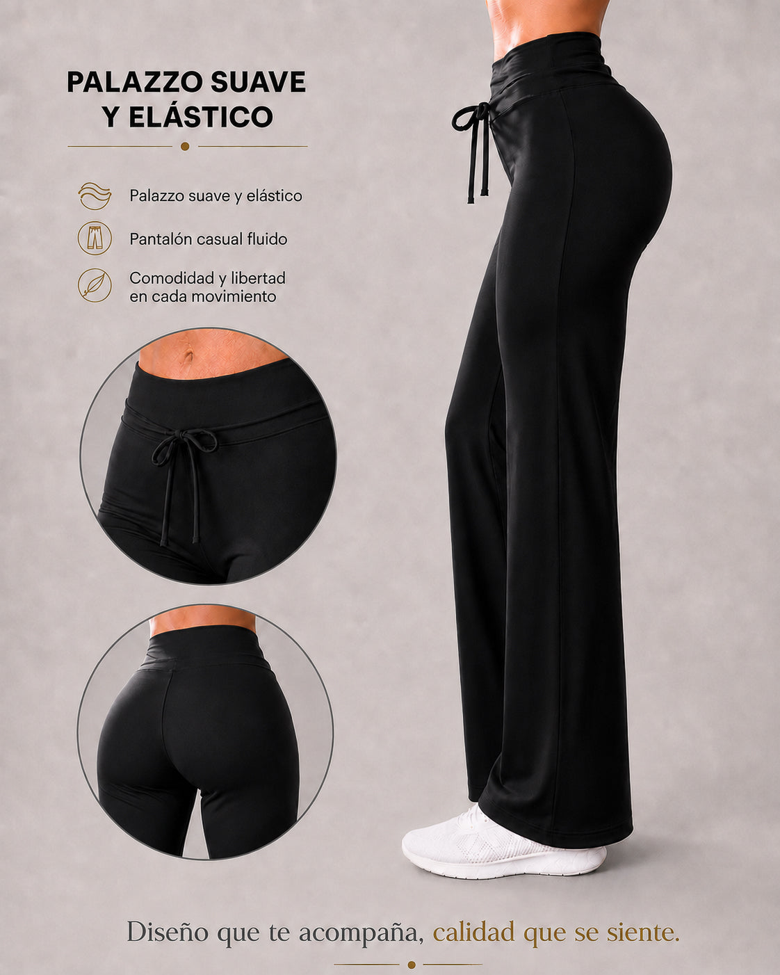Pantalón Palazzo Mujer Tiro Alto Lazo Ajustable Pierna Ancha - LQ1044