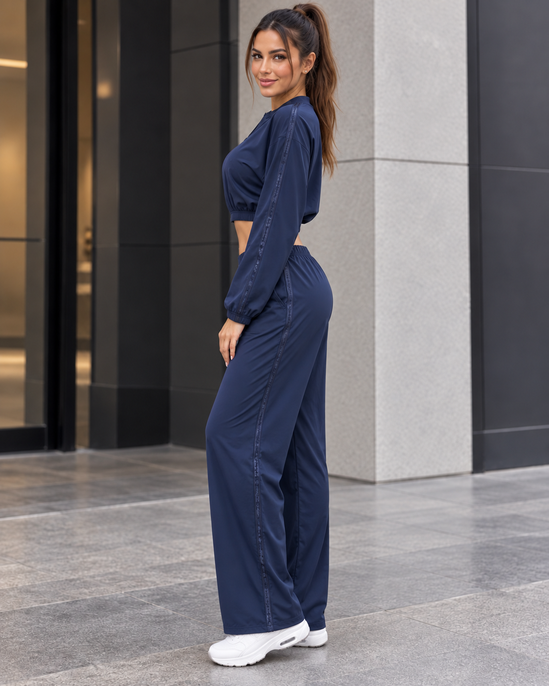 Conjunto Deportivo Mujer Palazzo con Bolsillos Chaqueta Crop - LQ1012
