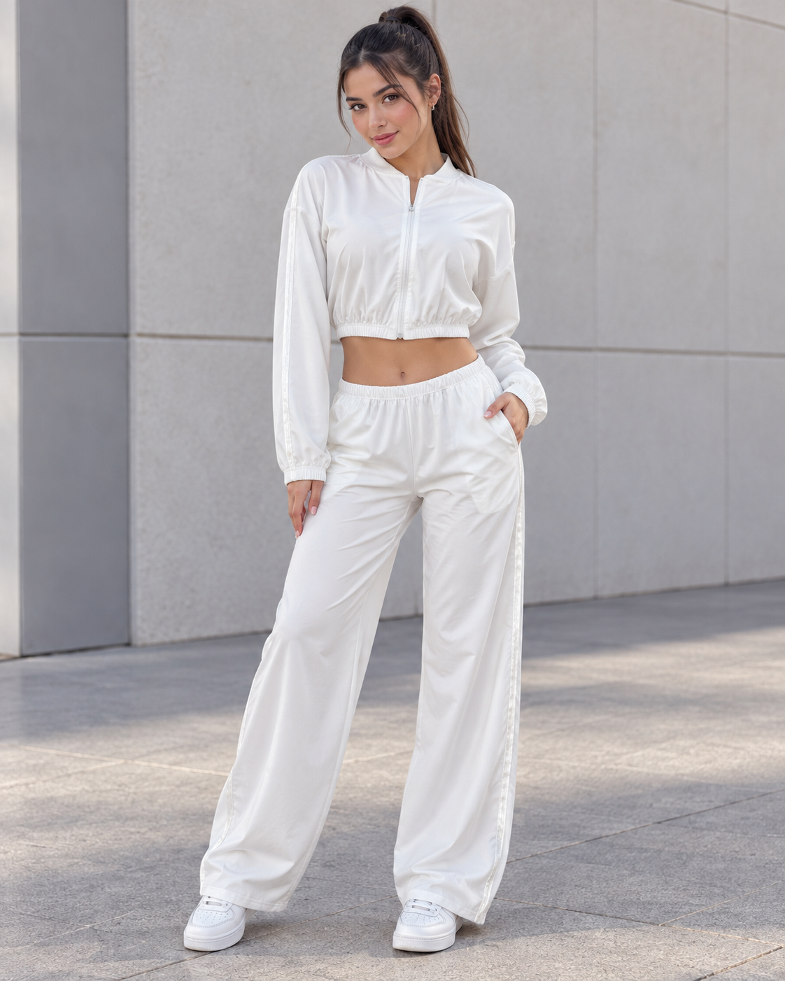 Conjunto Deportivo Mujer Palazzo con Bolsillos Chaqueta Crop - LQ1012