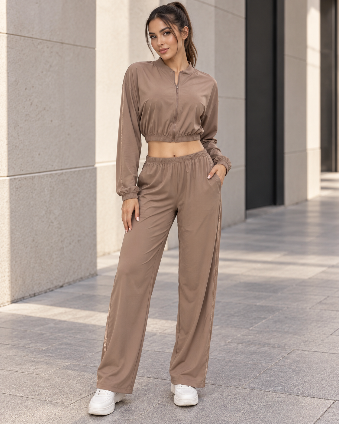 Conjunto Deportivo Mujer Palazzo con Bolsillos Chaqueta Crop - LQ1012