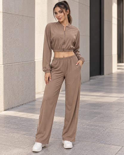 Conjunto Deportivo Mujer Palazzo con Bolsillos Chaqueta Crop - LQ1012
